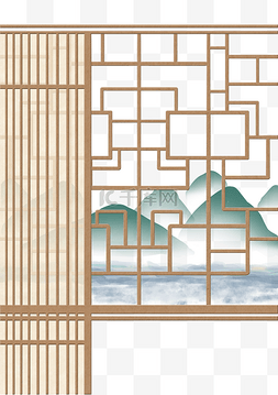 中国风淡雅水墨风图片_古风窗饰边框山水小景