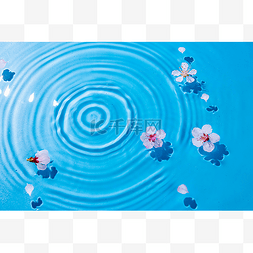 蓝色水花图片_水波纹中漂浮的杏花花瓣