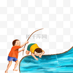 小伙伴图片_卡通小男孩在河边钓鱼
