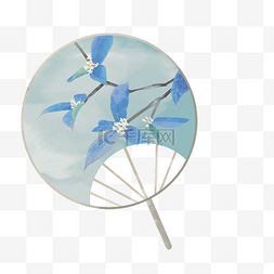 蓝色刺绣花朵古典团扇扇子