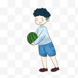 玩耍的男孩图片_夏天抱着西瓜的男孩手绘插画