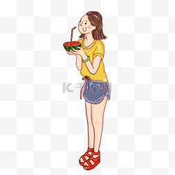 psd的源文件图片_手绘插画卡通简约清新吃西瓜的女