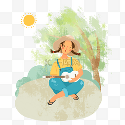 女孩羊角辫图片_夏天在太阳下弹吉他的姑娘