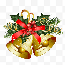 冬青图片_圣诞节冬青和缎带装饰金色质感铃