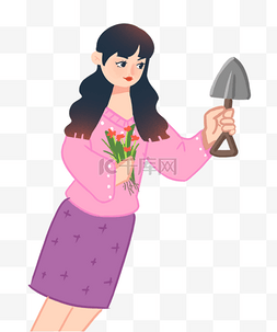 植树节女孩手拿铁铲鲜花