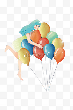 小女孩和彩色气球插画