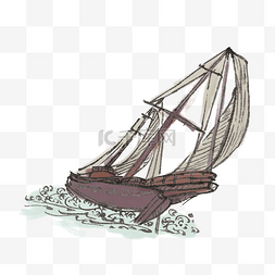 夏季帆船水墨风手绘插画