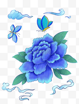 质感蓝色图片_刺绣质感蓝色牡丹花