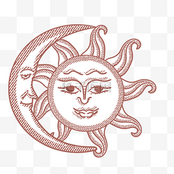 太阳月亮手绘图片_手绘红色太阳月亮线条插画