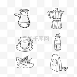 咖啡豆图片_手绘黑色线稿咖啡豆咖啡壶咖啡杯