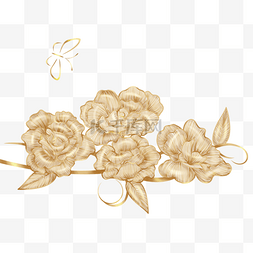 金色线描手绘蝴蝶花卉