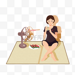 夏天夏季短发女孩乘凉喝茶吃西瓜