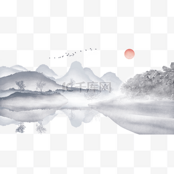 国风山水水墨朝阳晨雾