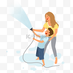 母亲节妈妈和儿子玩水