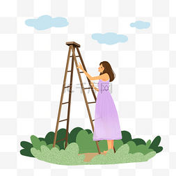 紫色长裙爬梯子的女生