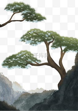 手绘山石松树松柏插画