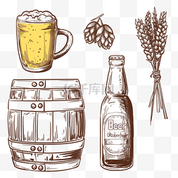 小麦啤酒图片_手绘素描酒桶小麦啤酒
