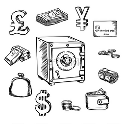 货币、货币和金融素描图标与保险