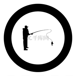 矢量钩鱼图片_圆圆矢量图中的渔夫图标黑色