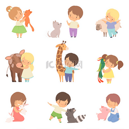 拥抱动物图片_可爱的小孩子玩玩和拥抱动物，孩
