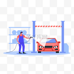 洗车模板图片_洗车工人和汽车扁平风格插画