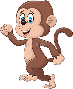 卡通有趣的猴子跑上孤立的白色背