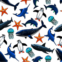 鲨鱼图片_海洋动物和鸟类图案有大鲸鱼和灰