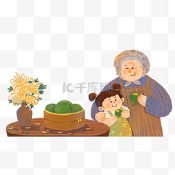 清明节外婆和女孩吃青团