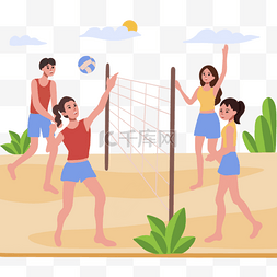 假期游玩图片_沙滩排球运动四人组