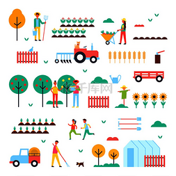 农业机器图片_农场工人、专用机器和绿色植物。
