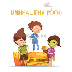 孩子生病图片图片_垃圾食品有害影响卡通海报。