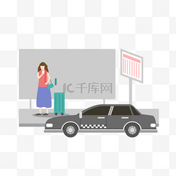 女孩在公交站台用手机寻找出租车