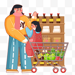 穿红衣服的母女图片_双十一超市购物中母女