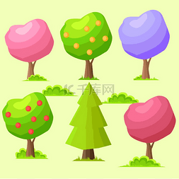 平面游戏图片_低多边形彩色树平面矢量集低矮的