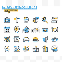 旅游邮轮图片_平线图标设置的旅行和旅游标志和