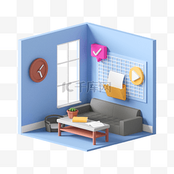 空荡荡的房间图片_3D立体房间蓝色客厅