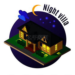 明亮的窗户图片_夜间带有发光窗户和黑色屋顶的住