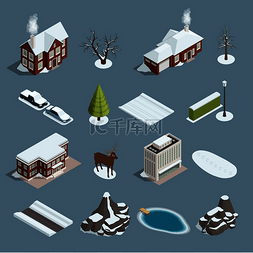 国家图标图片_冬季景观等距元素设置与建筑树木