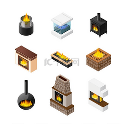 壁炉烟囱图片_等距壁炉图标集九个独立的壁炉设