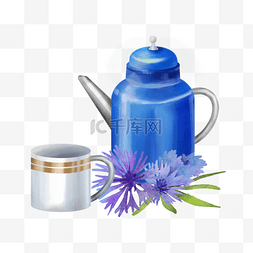 茶杯水彩花艺下午茶茶壶