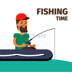 钓鱼时间卡通渔夫戴着帽子穿着绿