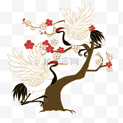 仙鹤在桃树下传统风格飞舞白色