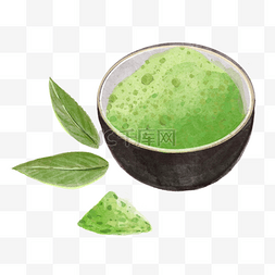 水彩茶叶图片_抹茶和茶叶勺子水彩绿色
