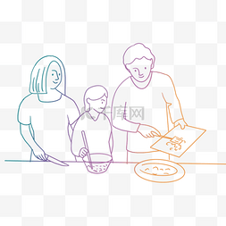 彩色线条画商务合作一家子做饭
