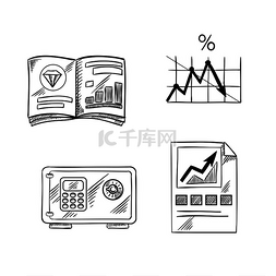 金融、投资和银行草图图标，包括