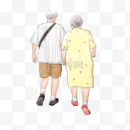 老年夫妻背影水彩