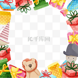可爱动物边框插画图片_生日礼盒彩色可爱玩具边框