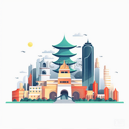 城市图片_城市建筑扁平风手绘插画