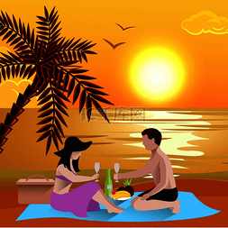 浪漫大海图片_海滩上的人们与海边的日落风光和