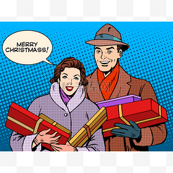 新年漫画图片_快乐圣诞男人和女人假日购物